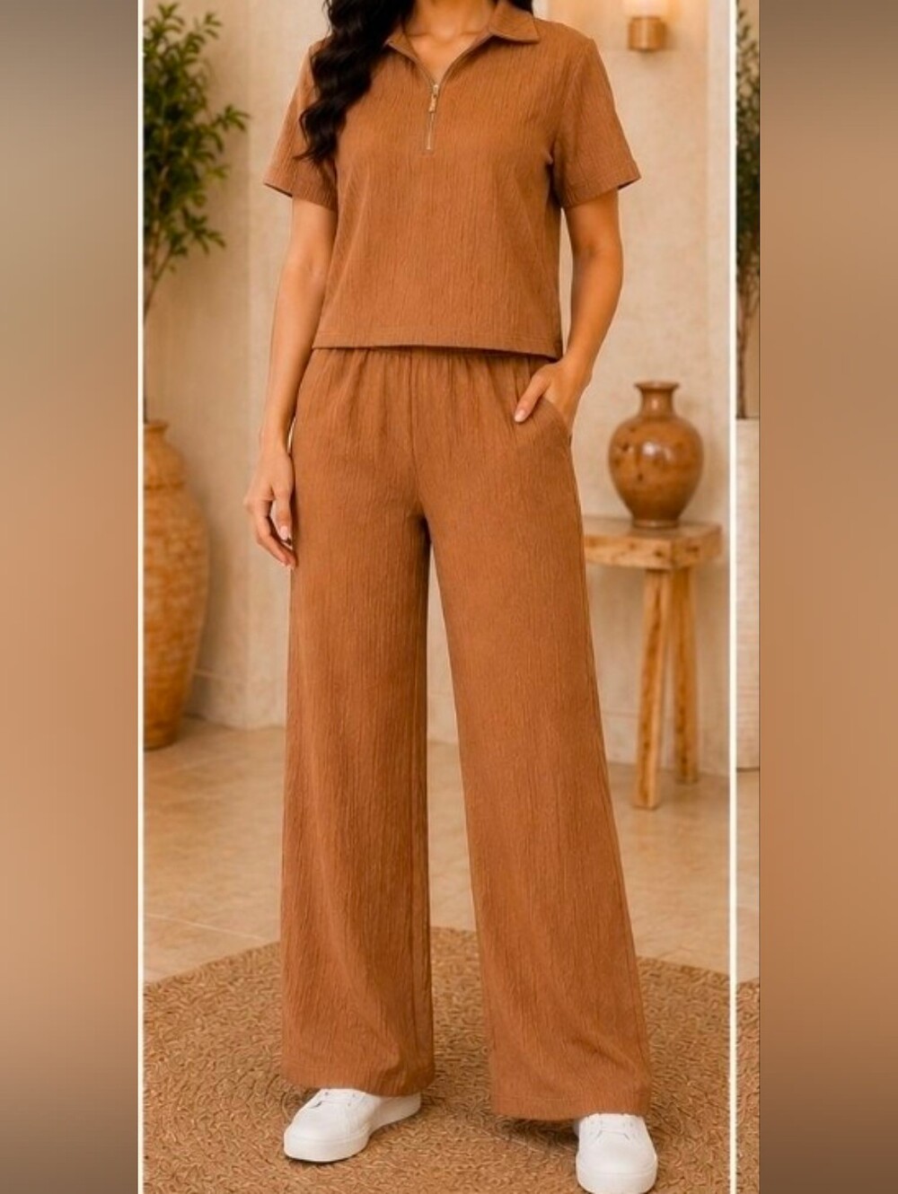 Relaxed Wide-Leg Pants And Top Set  in Camel Brown